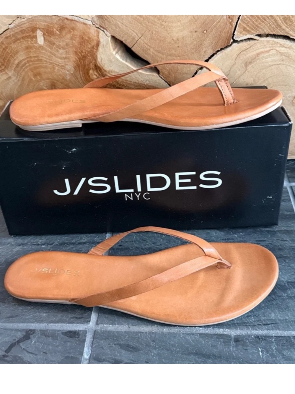 NIB! J/Slides Leather Flip Flop Sandals in cognac - Picture 2 of 5